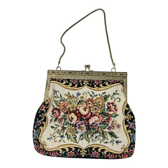 Floral Petit Point Tapestry Evening Clutch Bag Chain Handle Kiss Lock Vintage - Picture 3 of 9